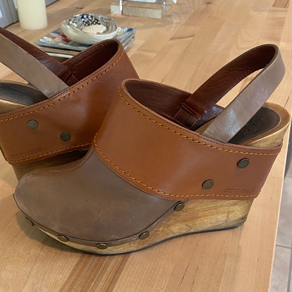 See By Chloe Tan and Brown Leather Mules